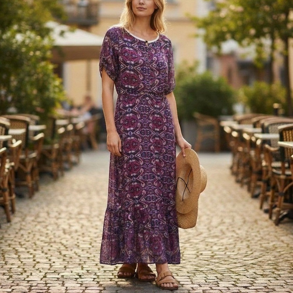 Express Purple Paisley Tiered Short Sleeve Maxi Dress Women Small Boho Summer